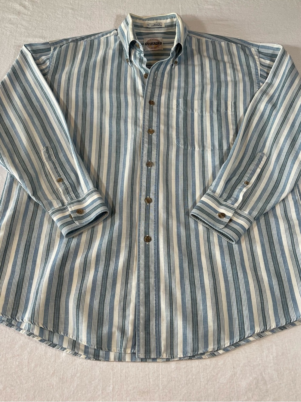 Savane Men's Vintage No Wrinkles Striped Button-Down Shirt -Blue & White